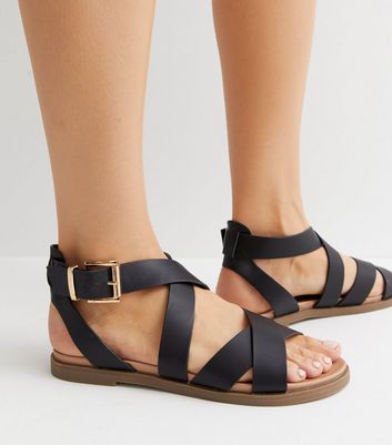 Womens New Look Sandals | Wide Fit Black Leather-Look Cross Strap Footbed  Sandals « Foodiesporty